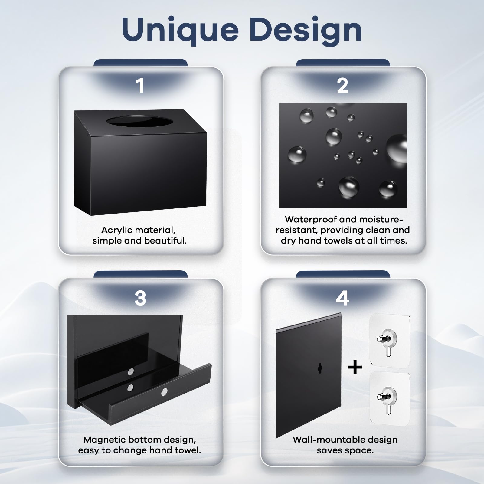 Bottom magnetic design of the TAINESS box enables easy towel changes.