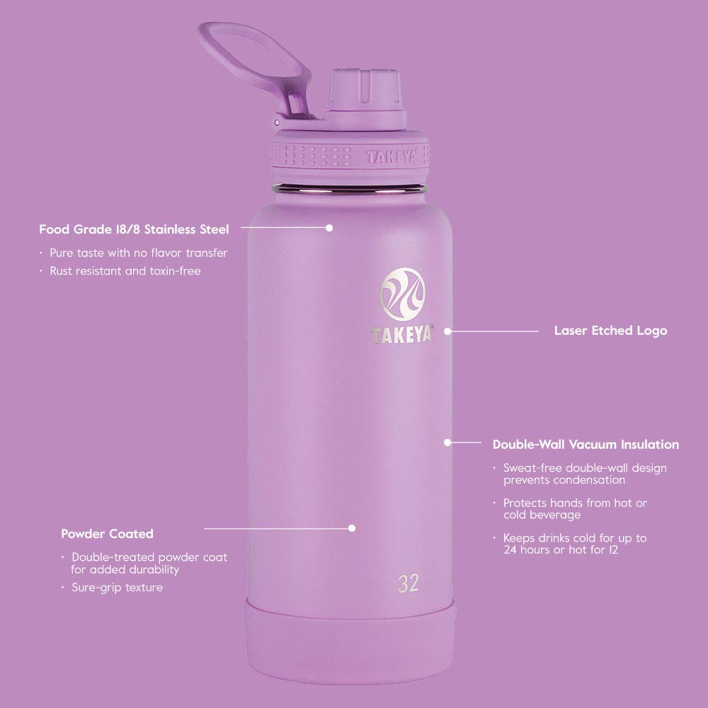 Takeya Actives 24oz lilac bottle highlighting durable stainless steel construction.