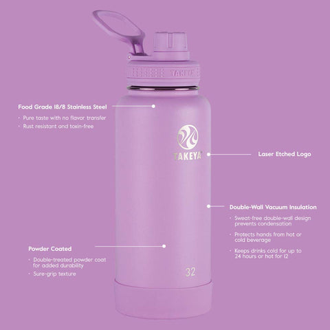 Takeya Actives 24oz lilac bottle highlighting durable stainless steel construction.