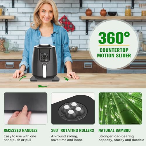 Taladad tray protects countertops with bamboo surface while rotating to reach appliances