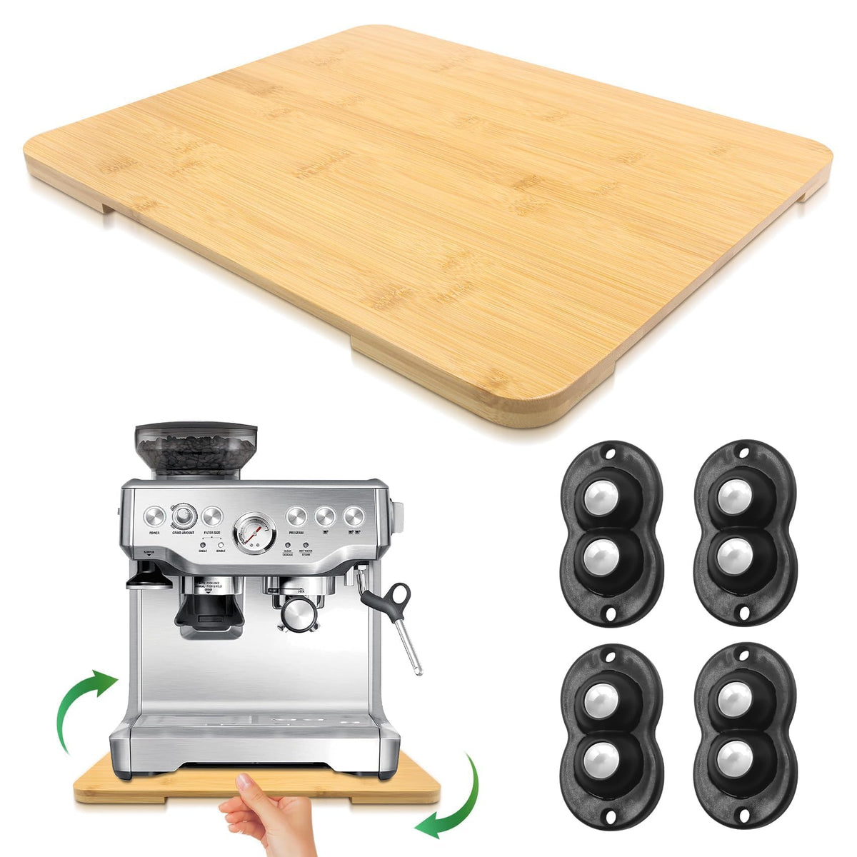 Taladad appliance slider 360-degree rotation demonstrates easy repositioning for a coffee maker.
