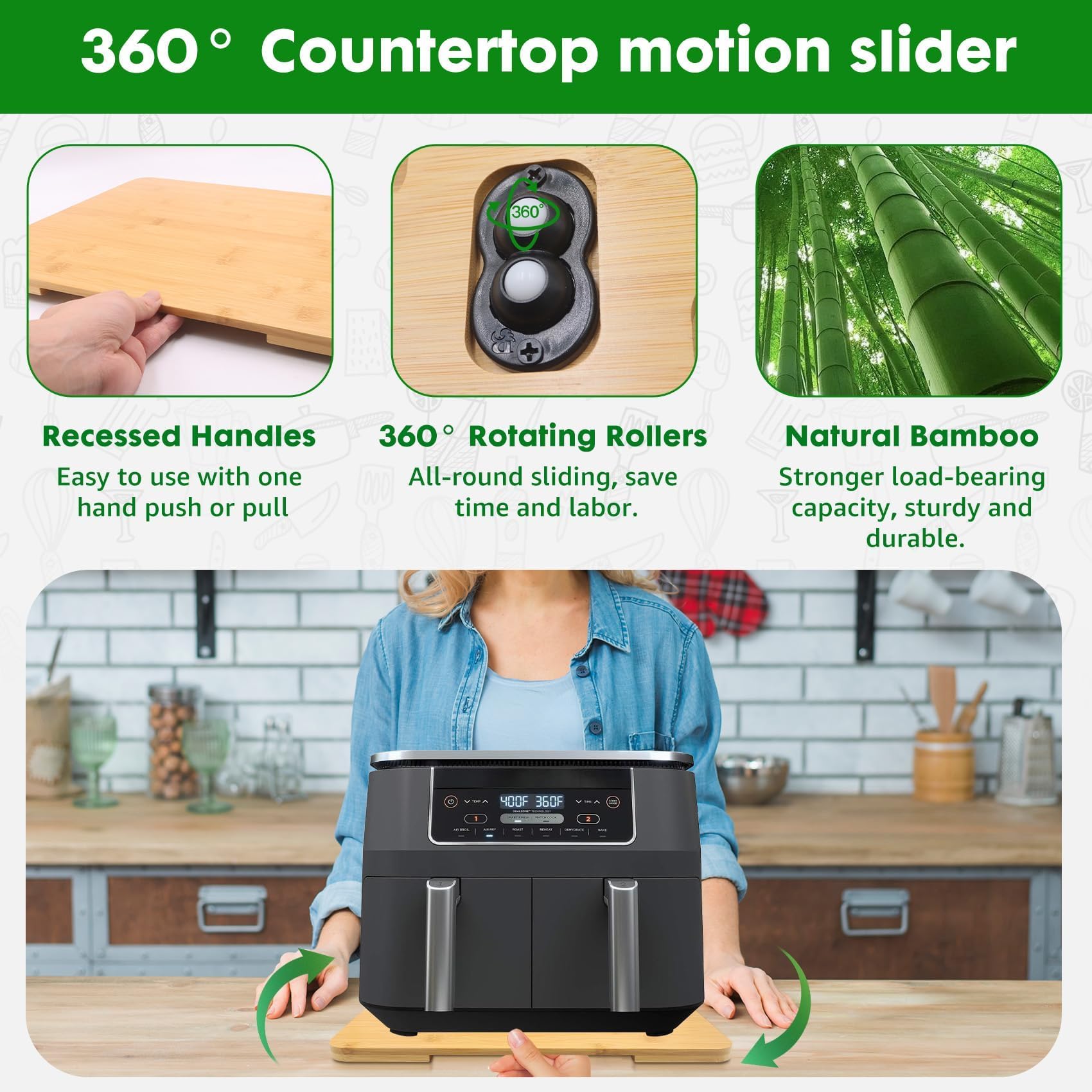 Taladad recessed handles allow smooth, multi-direction sliding without lifting.