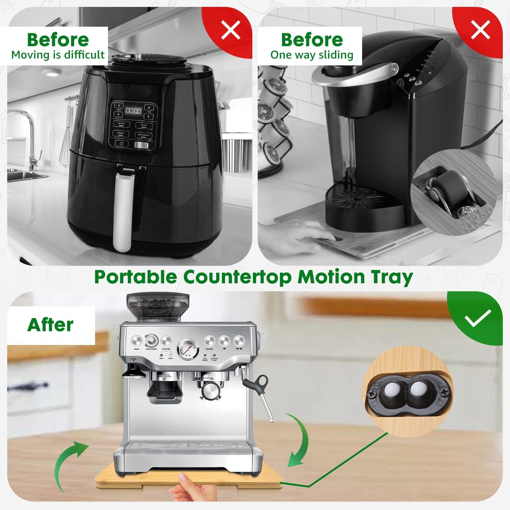 Taladad sliding tray under-cabinet enables effortless pull-out access for Keurig and air fryer.