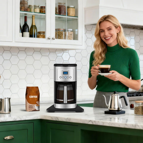 Taladad black small appliances mat adds sleek, compact organization.