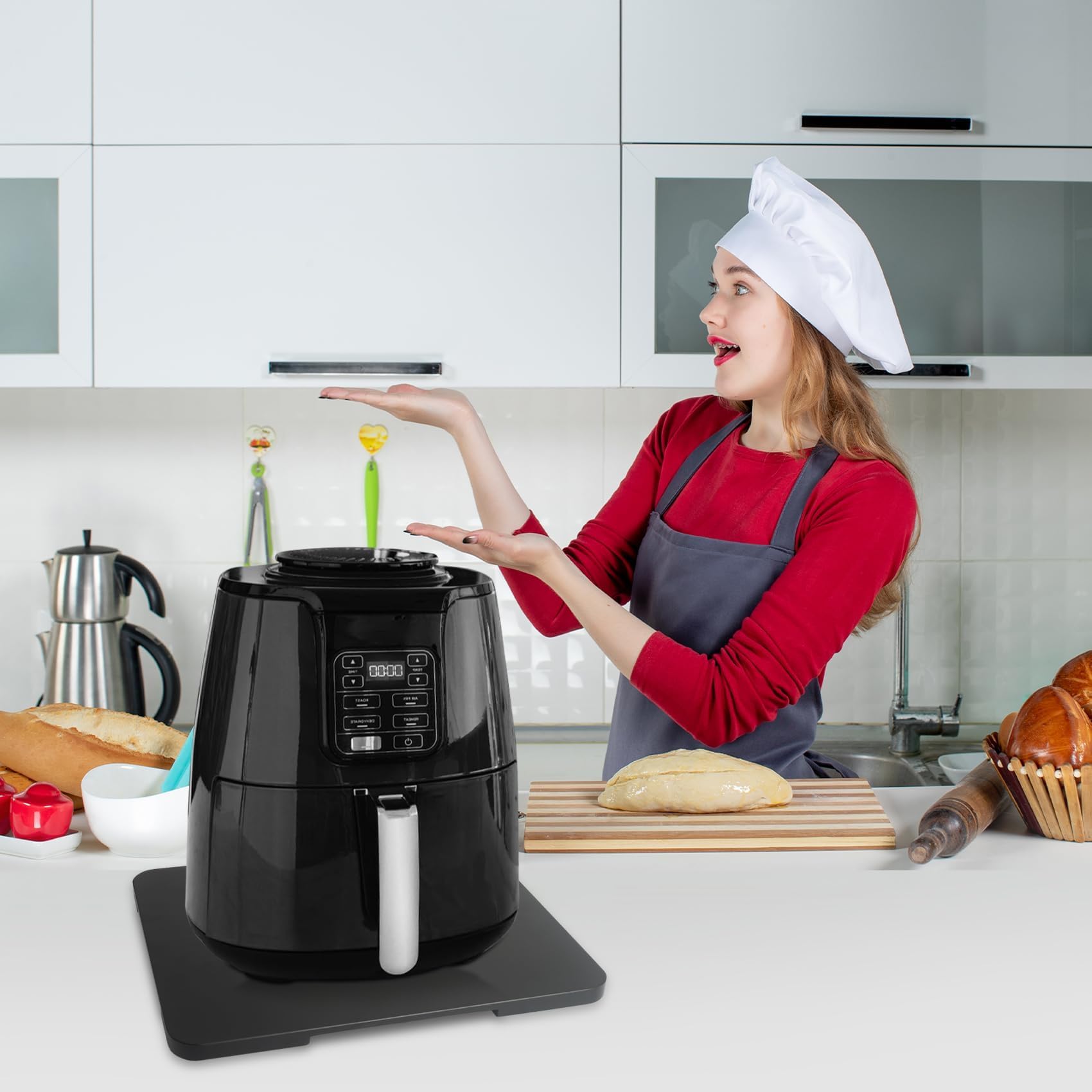 Taladad bamboo surface minimizes slip and guards finishes during use.