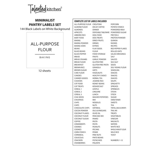 Talented Kitchen 132-item labels cover common pantry staples for easy scanning.