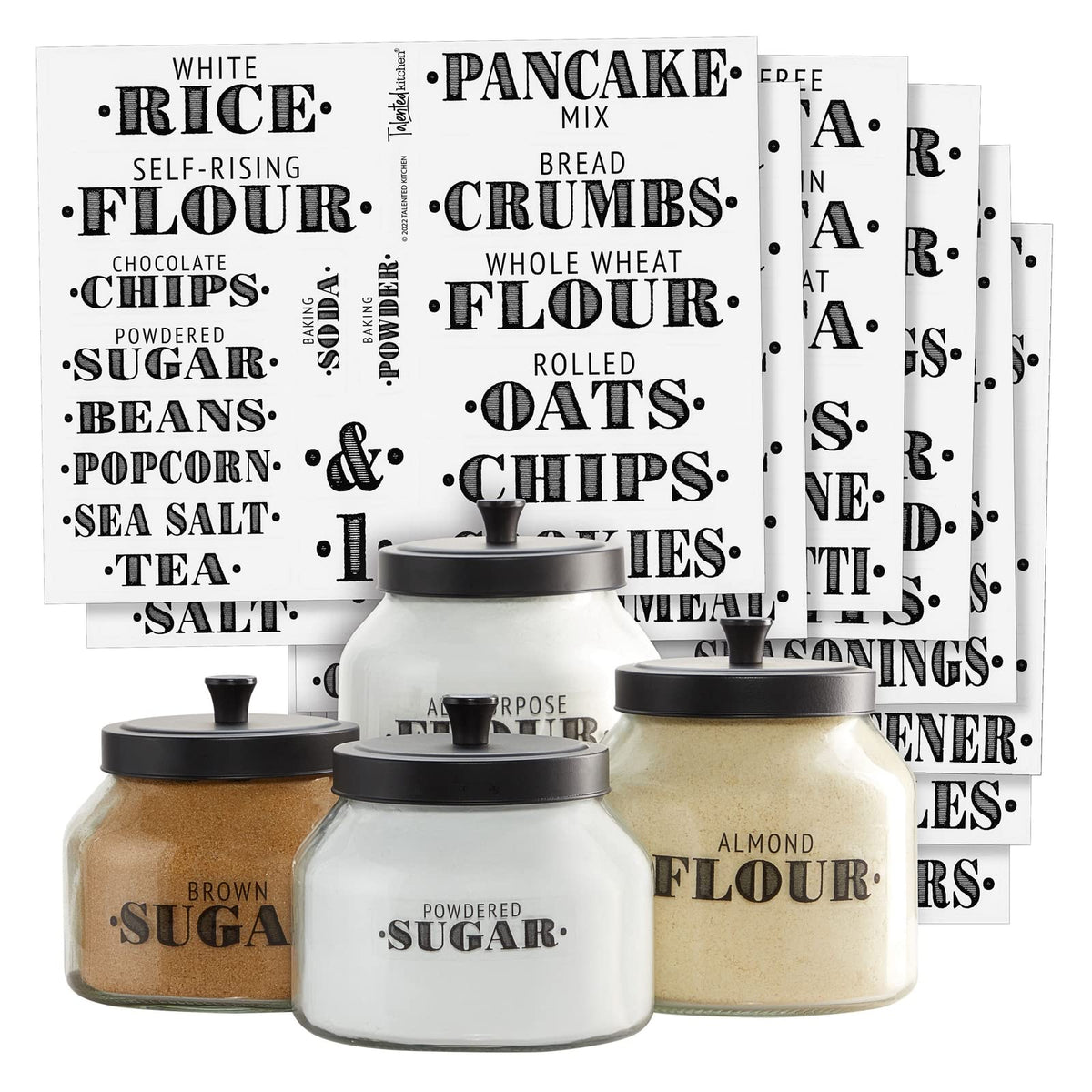 Talented Kitchen clear pantry labels pack on glass jars for organized storage.