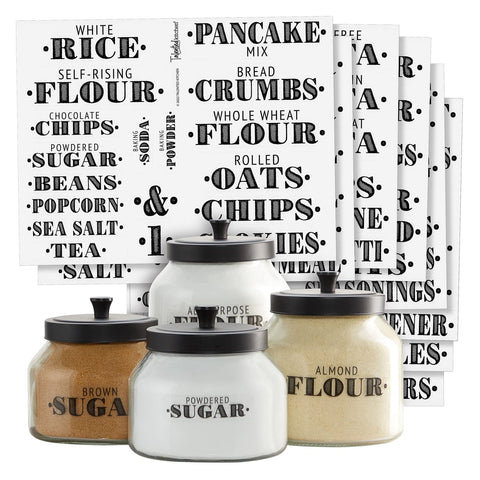 Talented Kitchen clear pantry labels pack on glass jars for organized storage.