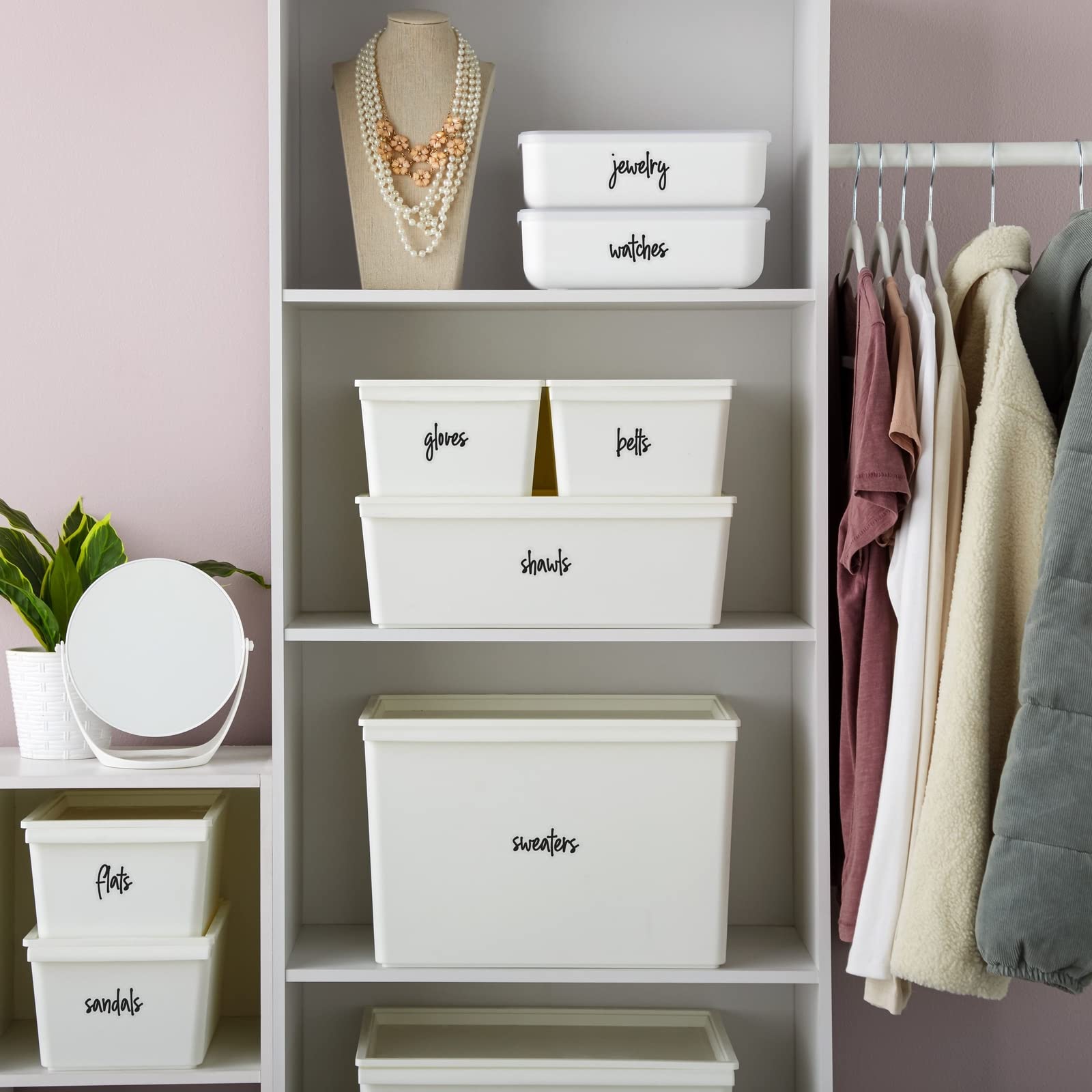 Talented Kitchen labels on a basket show organized storage in a tidy closet.
