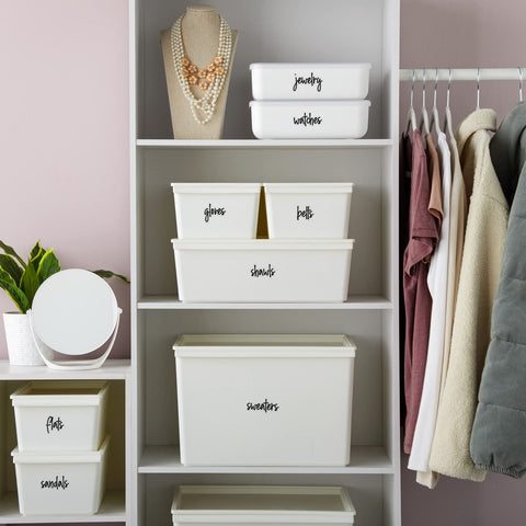 Talented Kitchen labels on a basket show organized storage in a tidy closet.