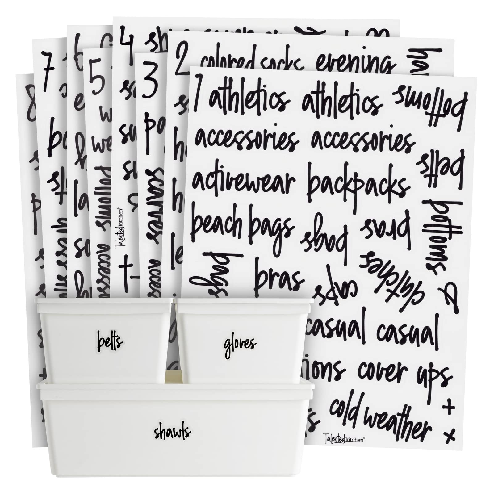 Talented Kitchen closet label sheet closeup: clear vinyl and script for easy item labeling.