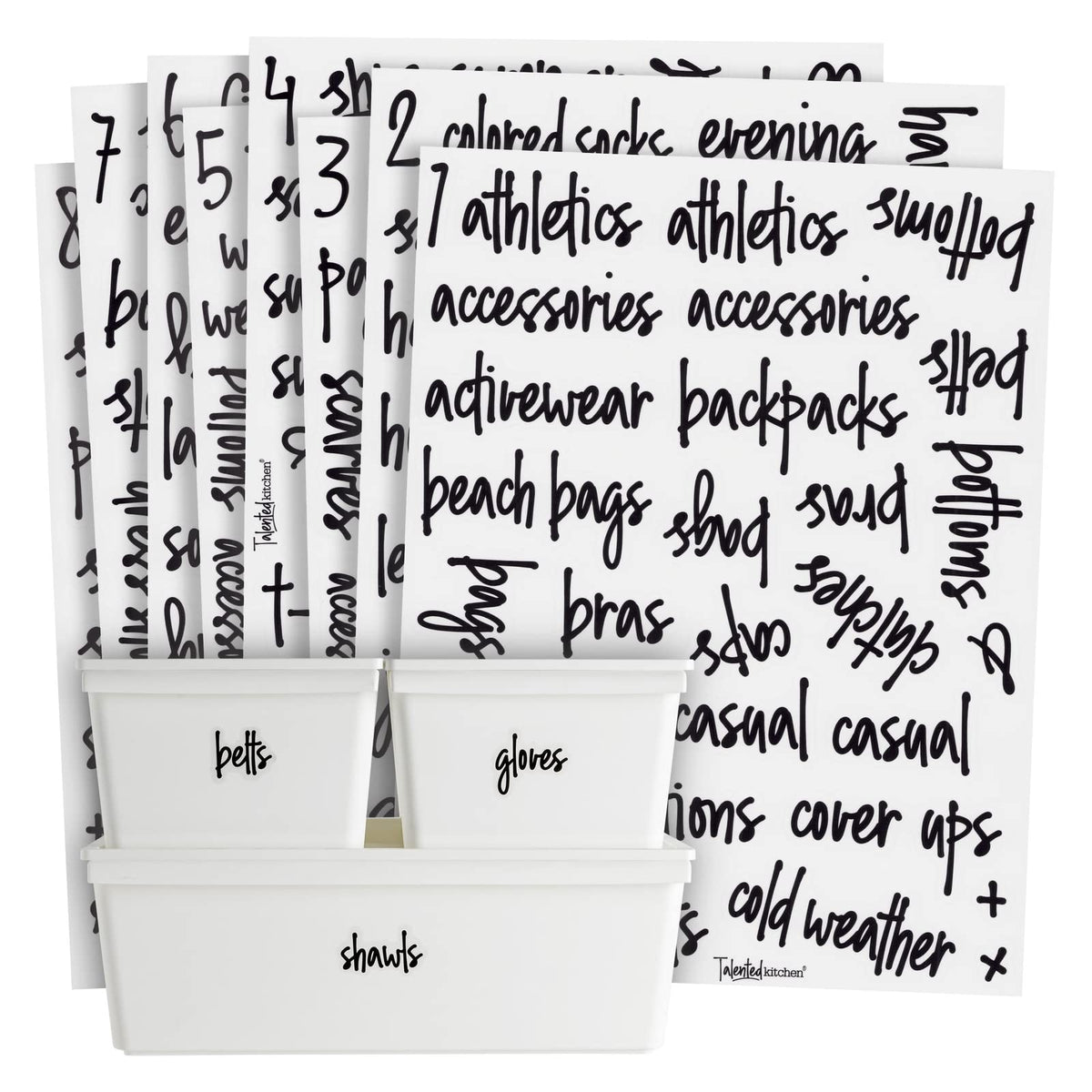 Talented Kitchen closet label sheet closeup: clear vinyl and script for easy item labeling.