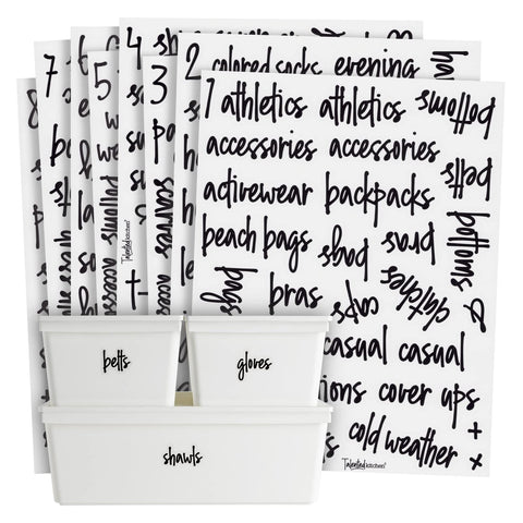 Talented Kitchen closet label sheet closeup: clear vinyl and script for easy item labeling.