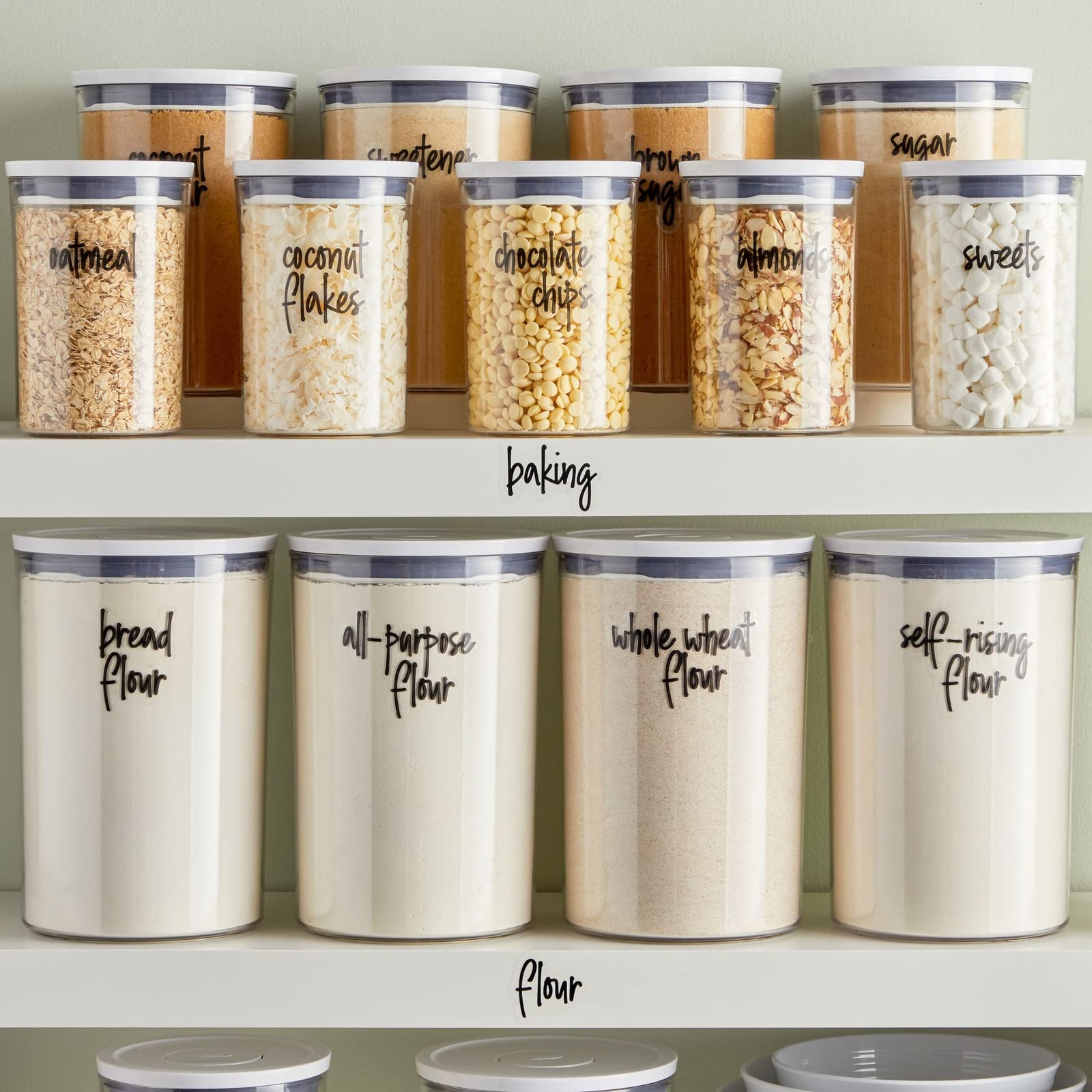Talented Kitchen labels on jars and bins enhance visibility and quick identification.