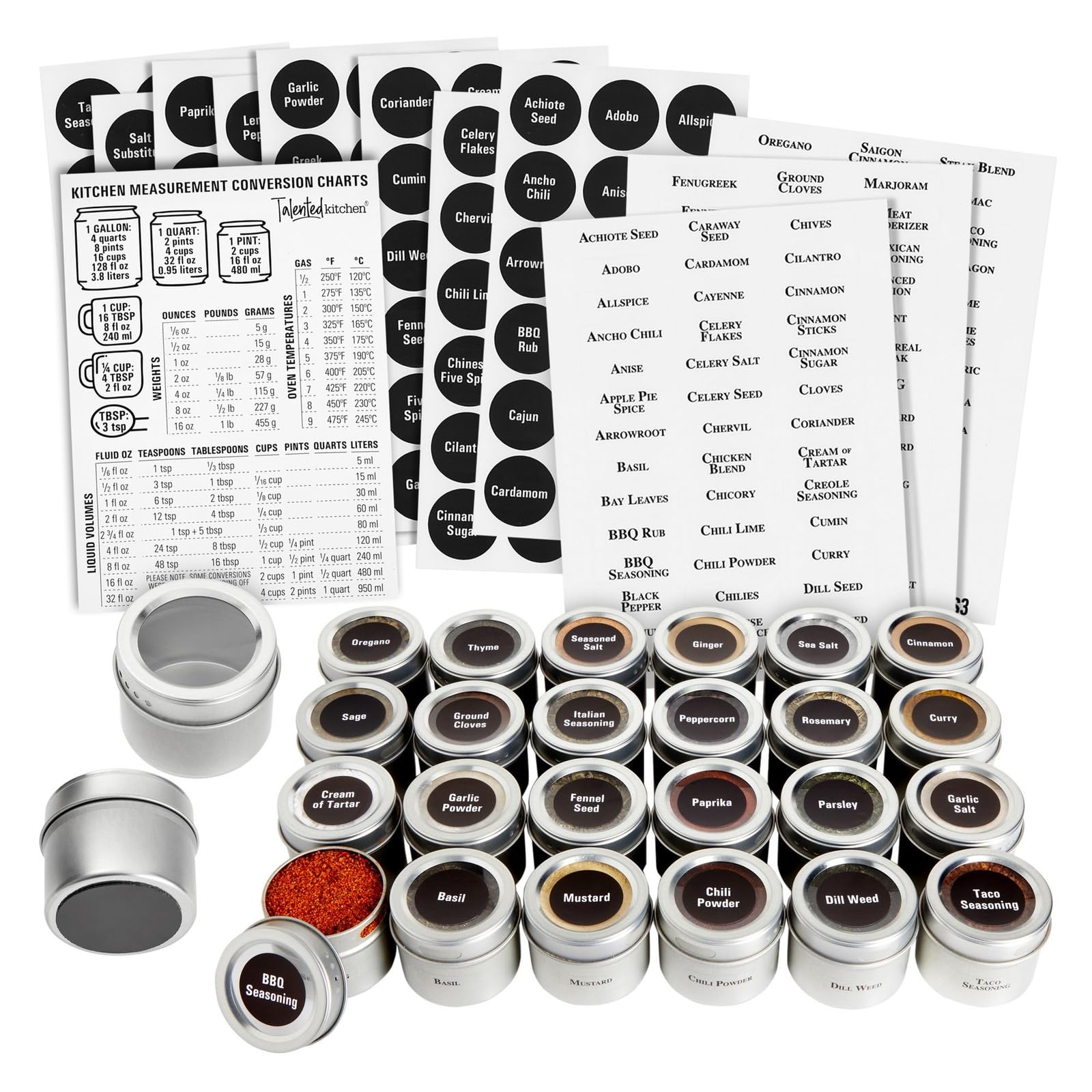 Talented Kitchen magnetic spice jars on fridge for quick organized access.