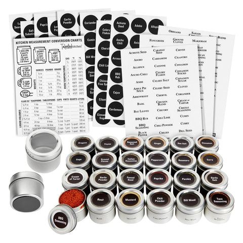Talented Kitchen magnetic spice jars on fridge for quick organized access.