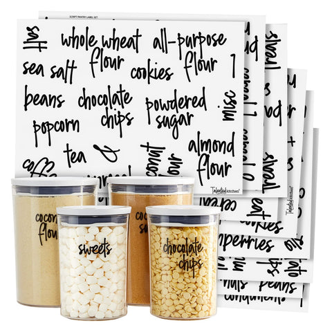 Talented Kitchen pantry labels 157-piece set on jars for organized storage.