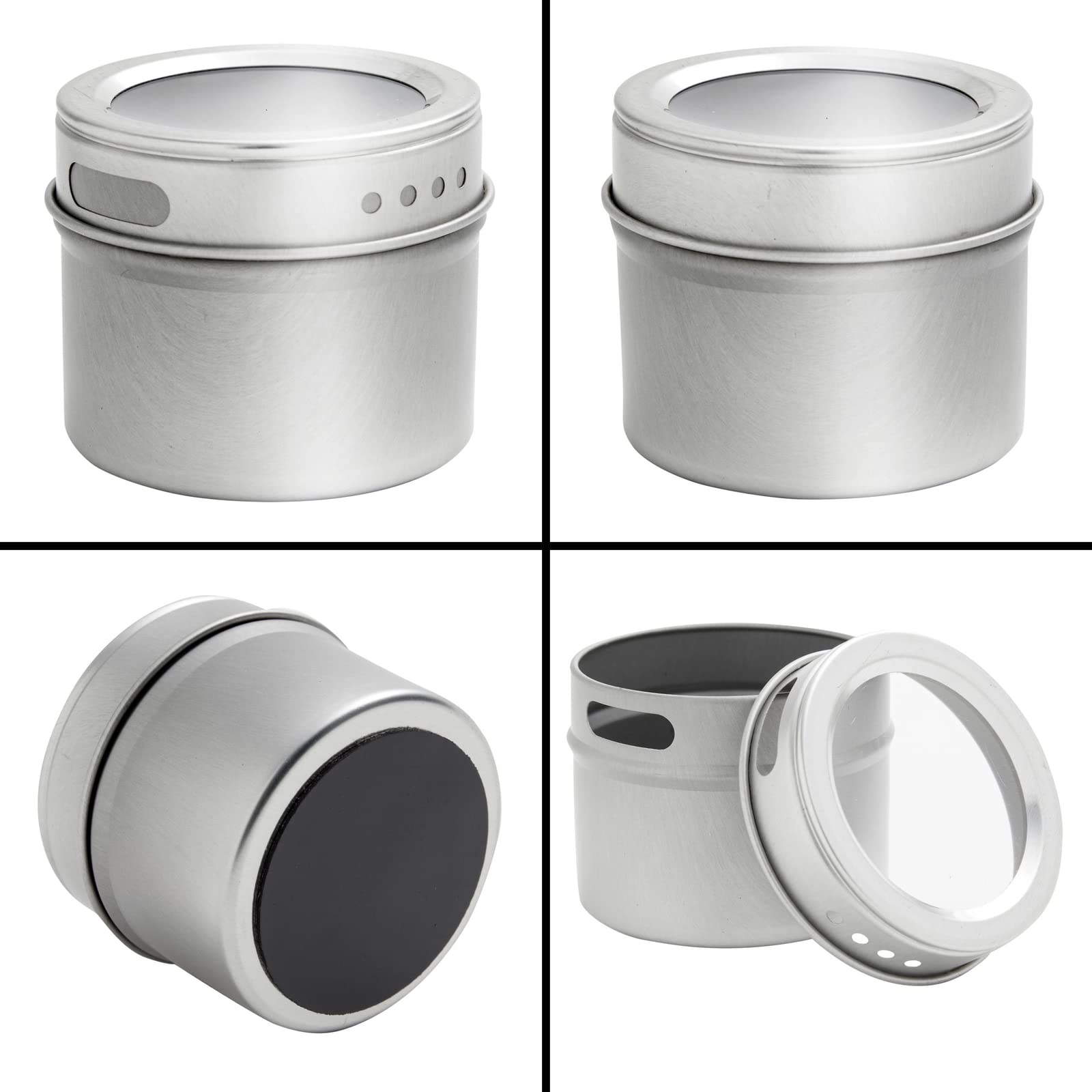 Talented Kitchen spice jars attached to fridge door for space-saving storage.