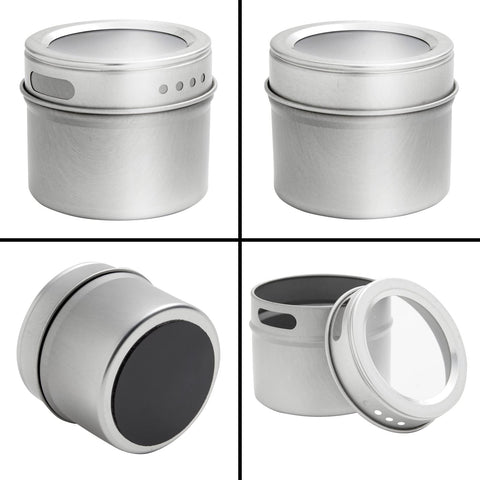 Talented Kitchen spice jars attached to fridge door for space-saving storage.