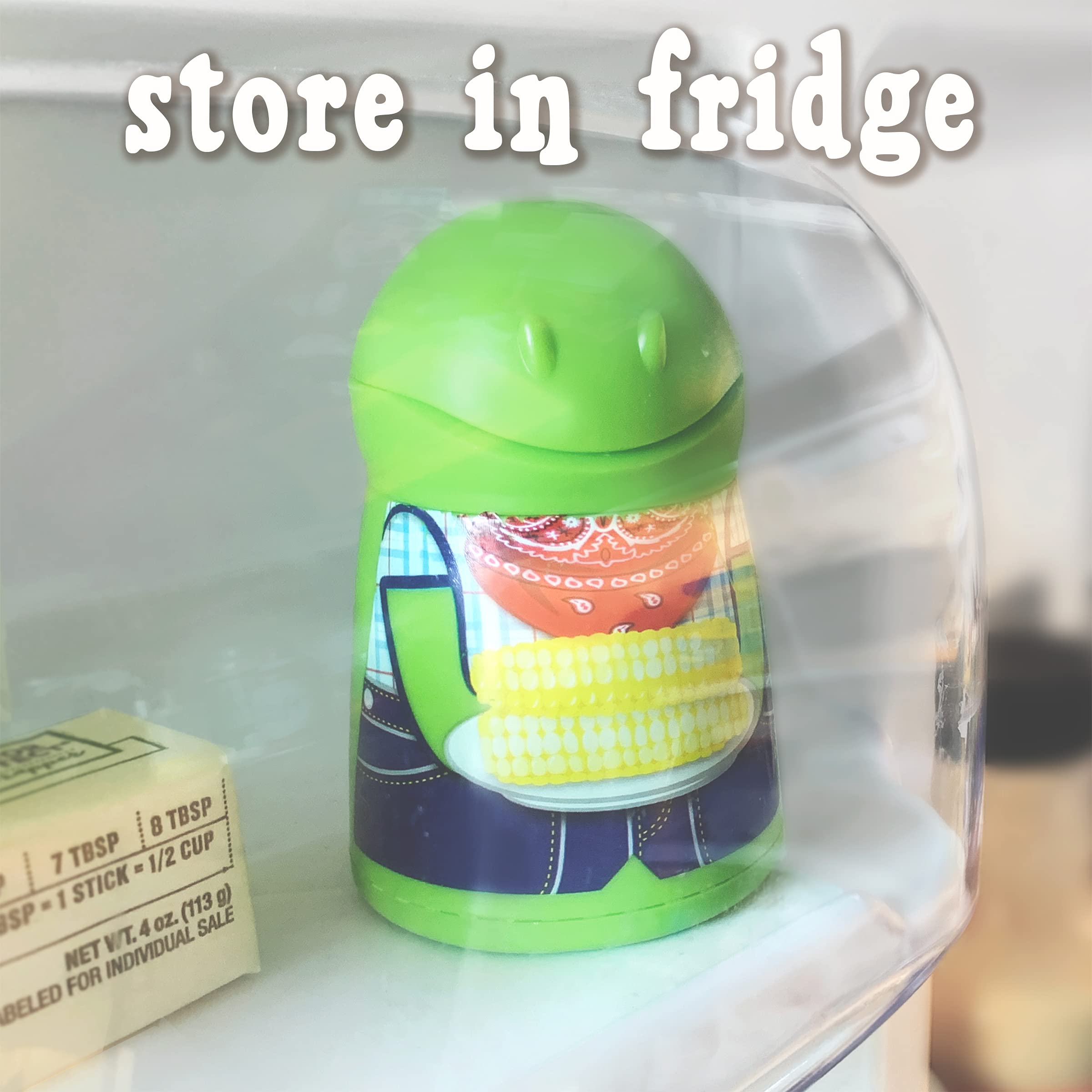 Butter Boy stored upright in fridge saves space.