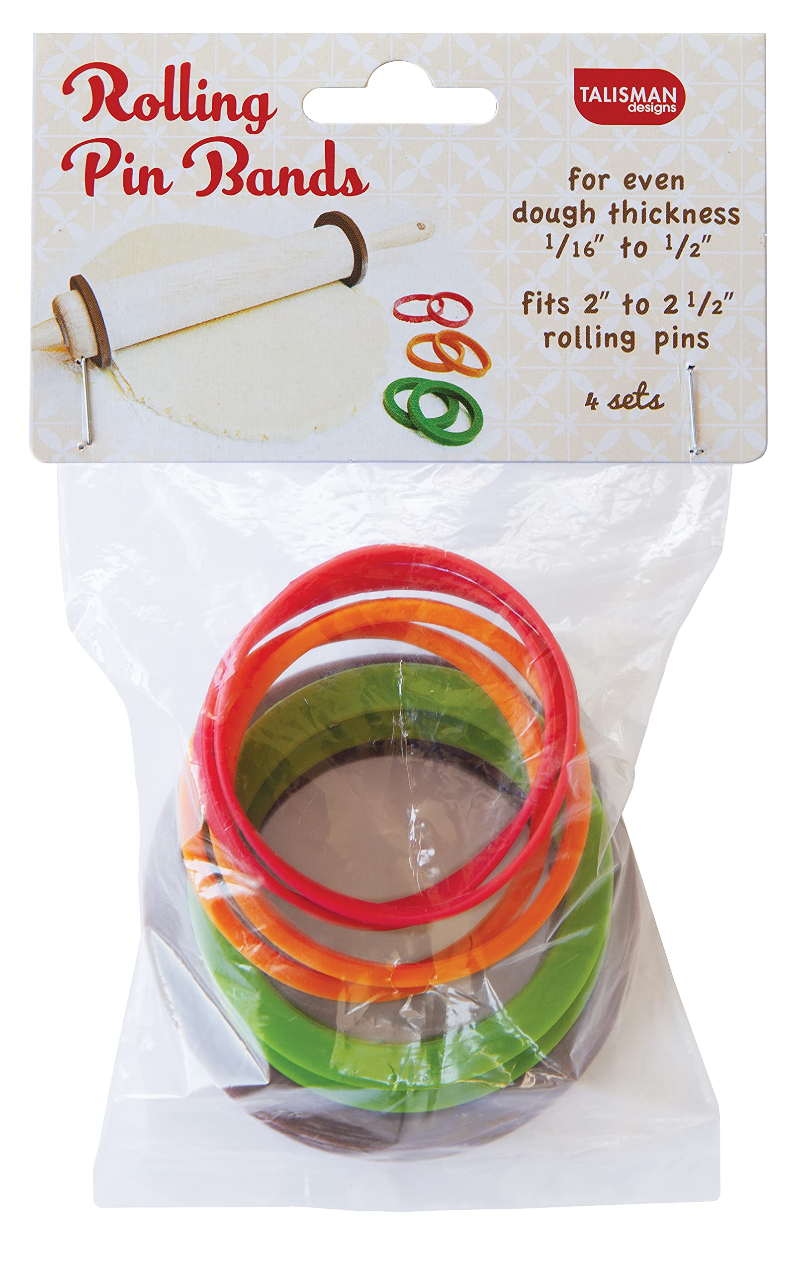 Talisman Designs rolling pin bands ensure even dough thickness on standard pins.