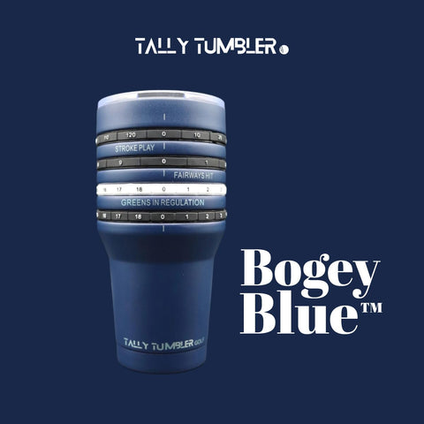 Tally Tumbler Golf Bogey Blue in-hand view emphasizes comfortable grip outdoors.