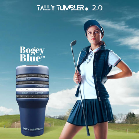 Tally Tumbler Golf Bogey Blue insulated body showcases temperature retention.