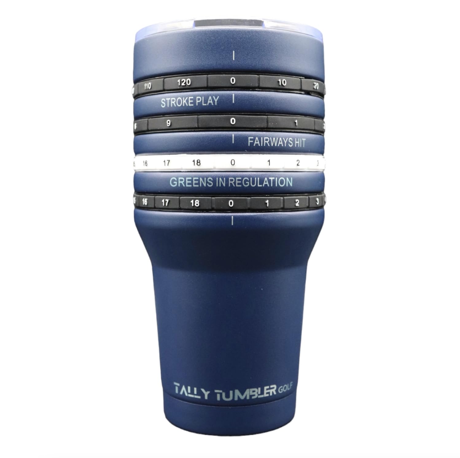 Tally Tumbler Golf Bogey Blue lid close-up highlights spill-proof seal for on-the-go use.