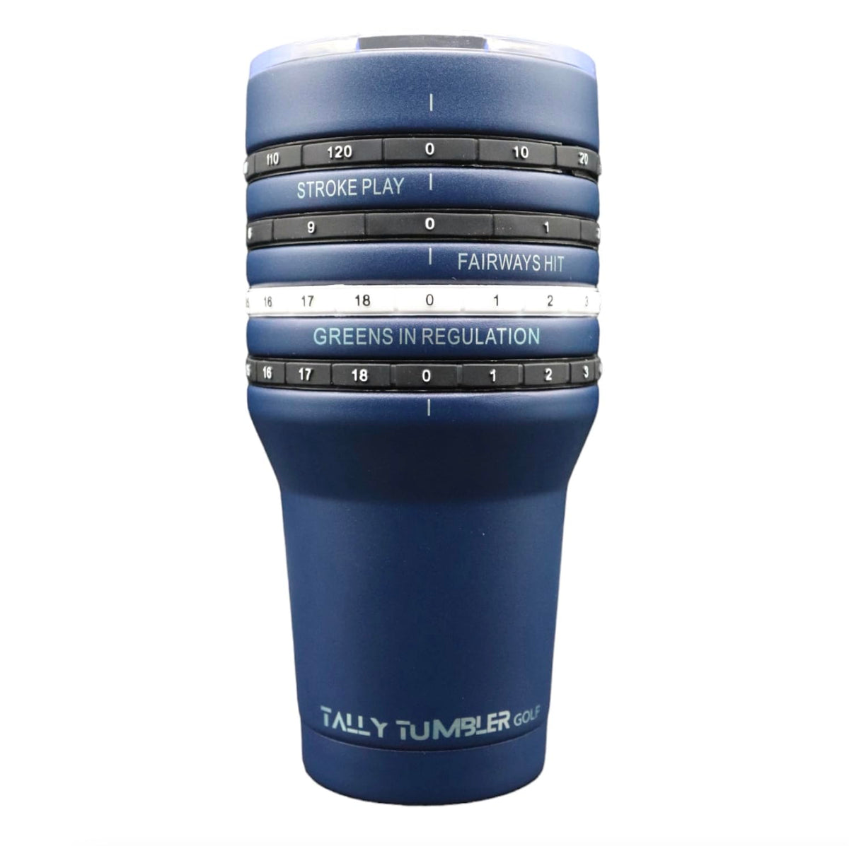 Tally Tumbler Golf Bogey Blue lid close-up highlights spill-proof seal for on-the-go use.