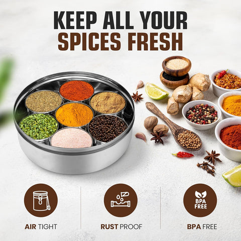 Taluka Indian masala dabba blends tradition with modern metal for home kitchens.
