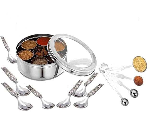 Taluka spice box with seven compartments keeps spices organized and accessible.