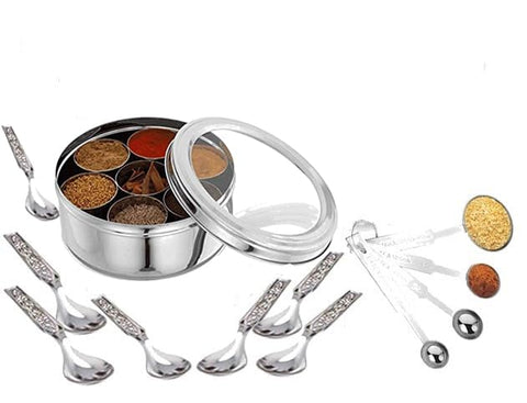 Taluka spice box with seven compartments keeps spices organized and accessible.