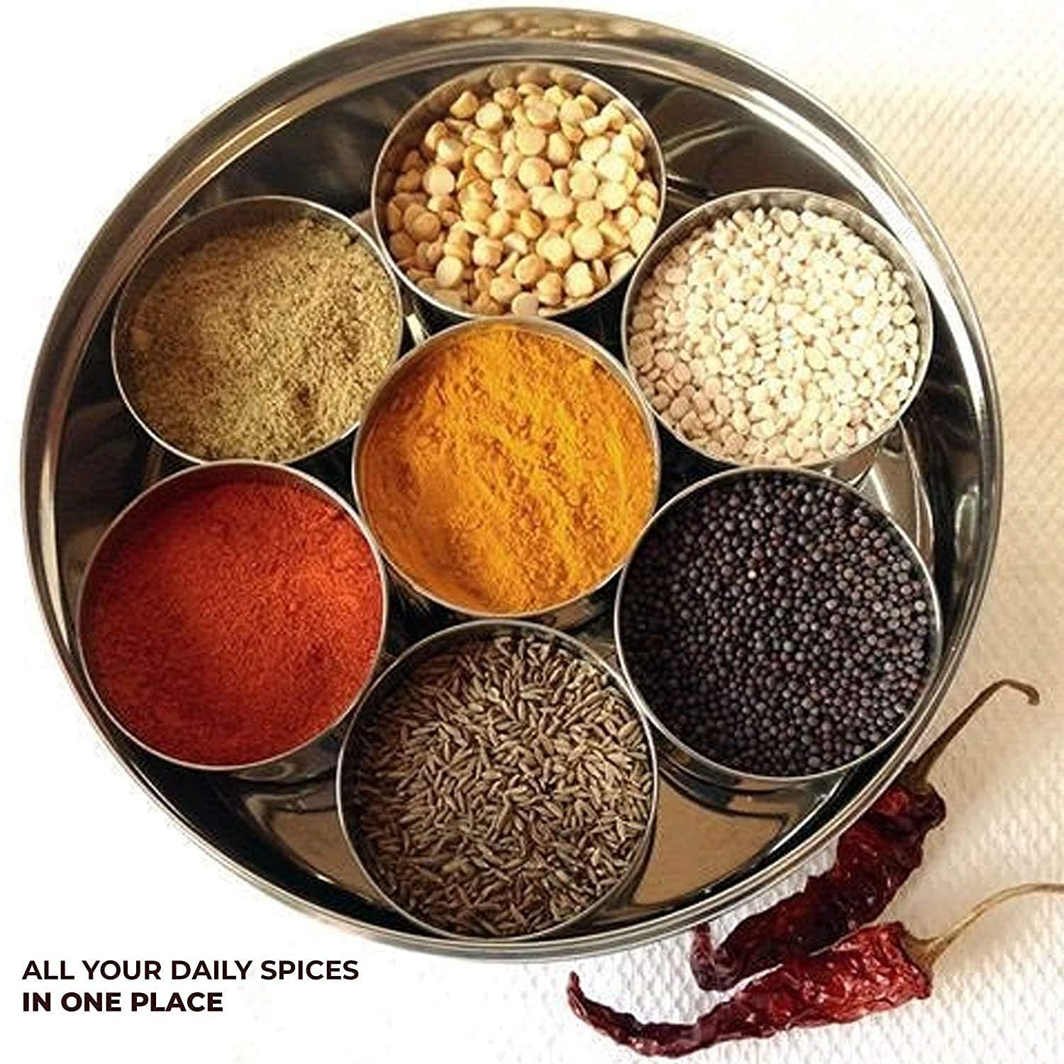 Taluka spice box suits home chefs and small eateries for organized spice storage.