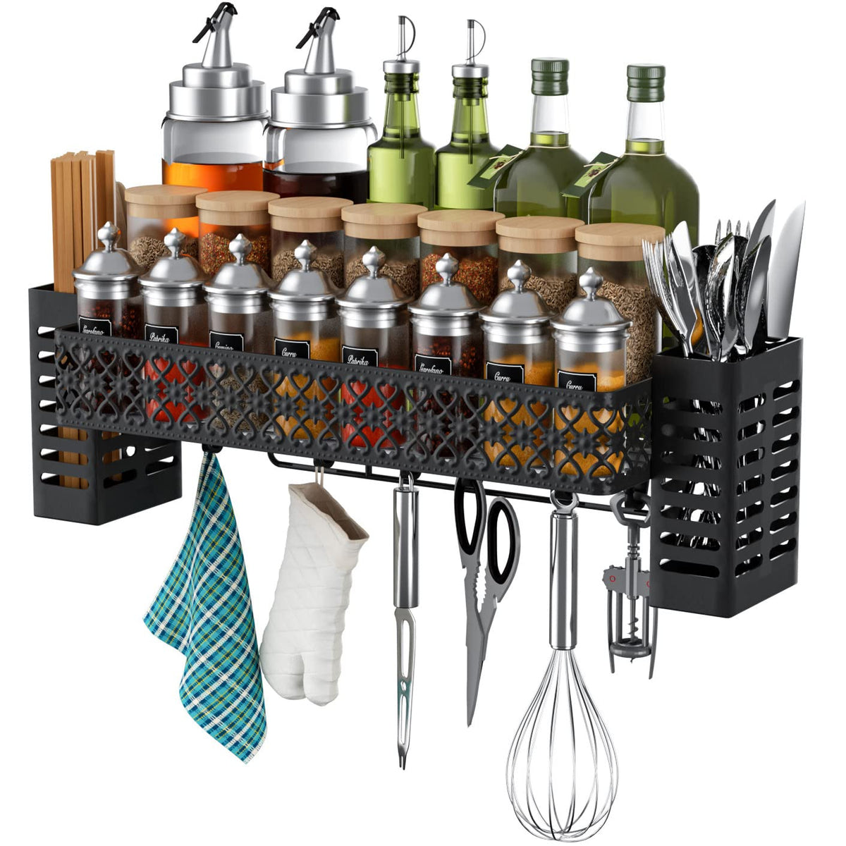 Tamomic hanging spice rack over stove keeps spices within easy reach.