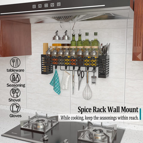 Tamomic wall-mount spice organizer closeup shows a sleek black finish.
