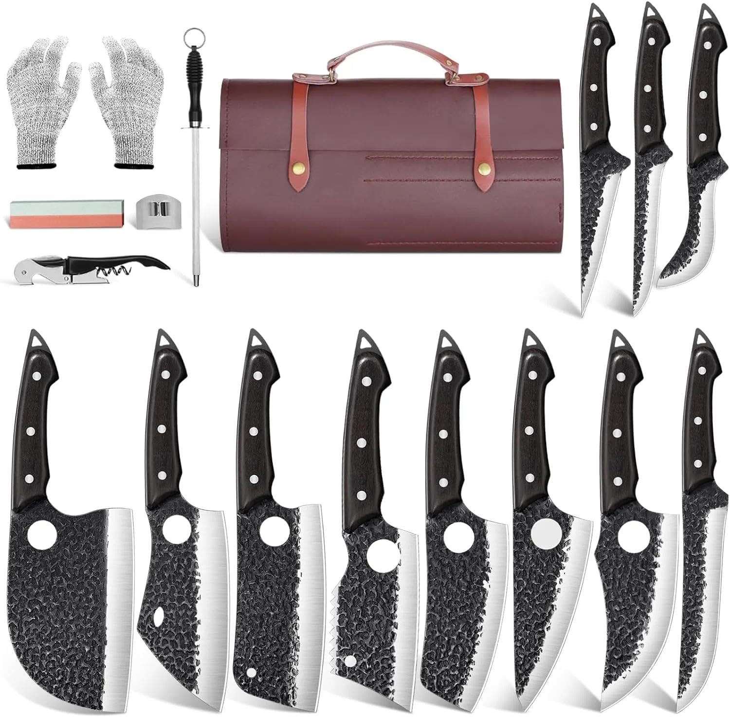 TAN REN 17pcs knife set with bag for versatile meat prep on the go.
