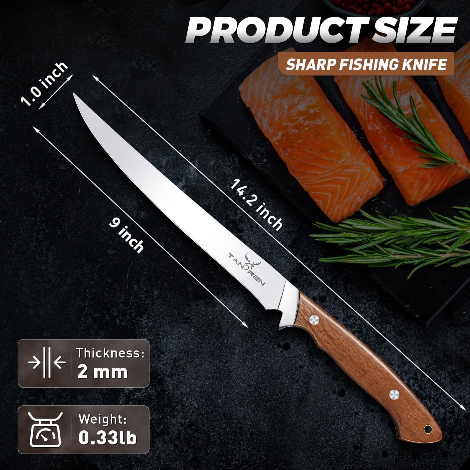 Tan Ren knife designed for precise filleting along bones and delicate meat.