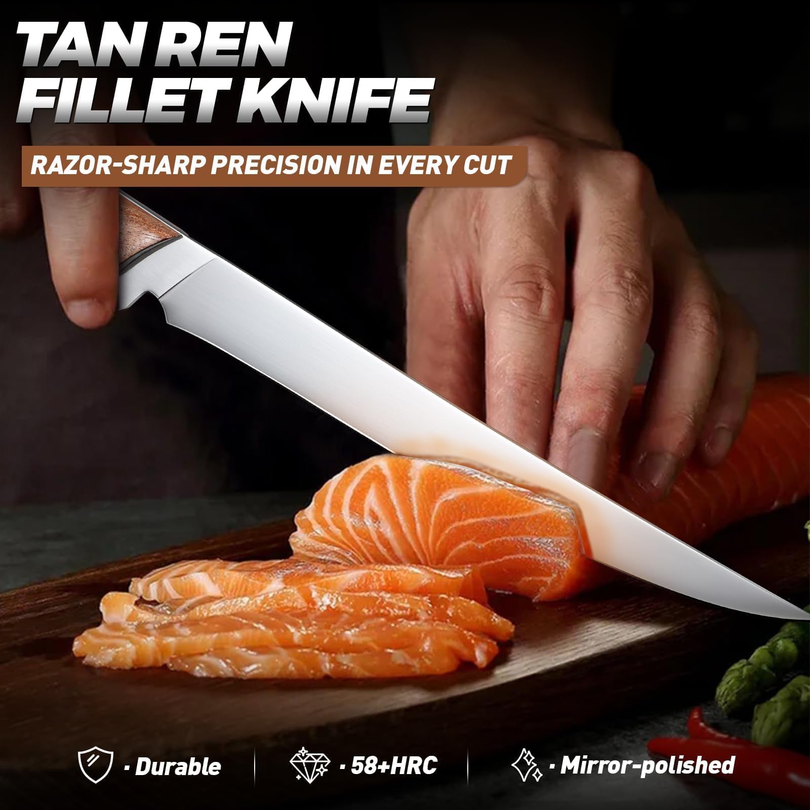 Tan Ren fillet knife full tang with wooden handle for secure grip and control.