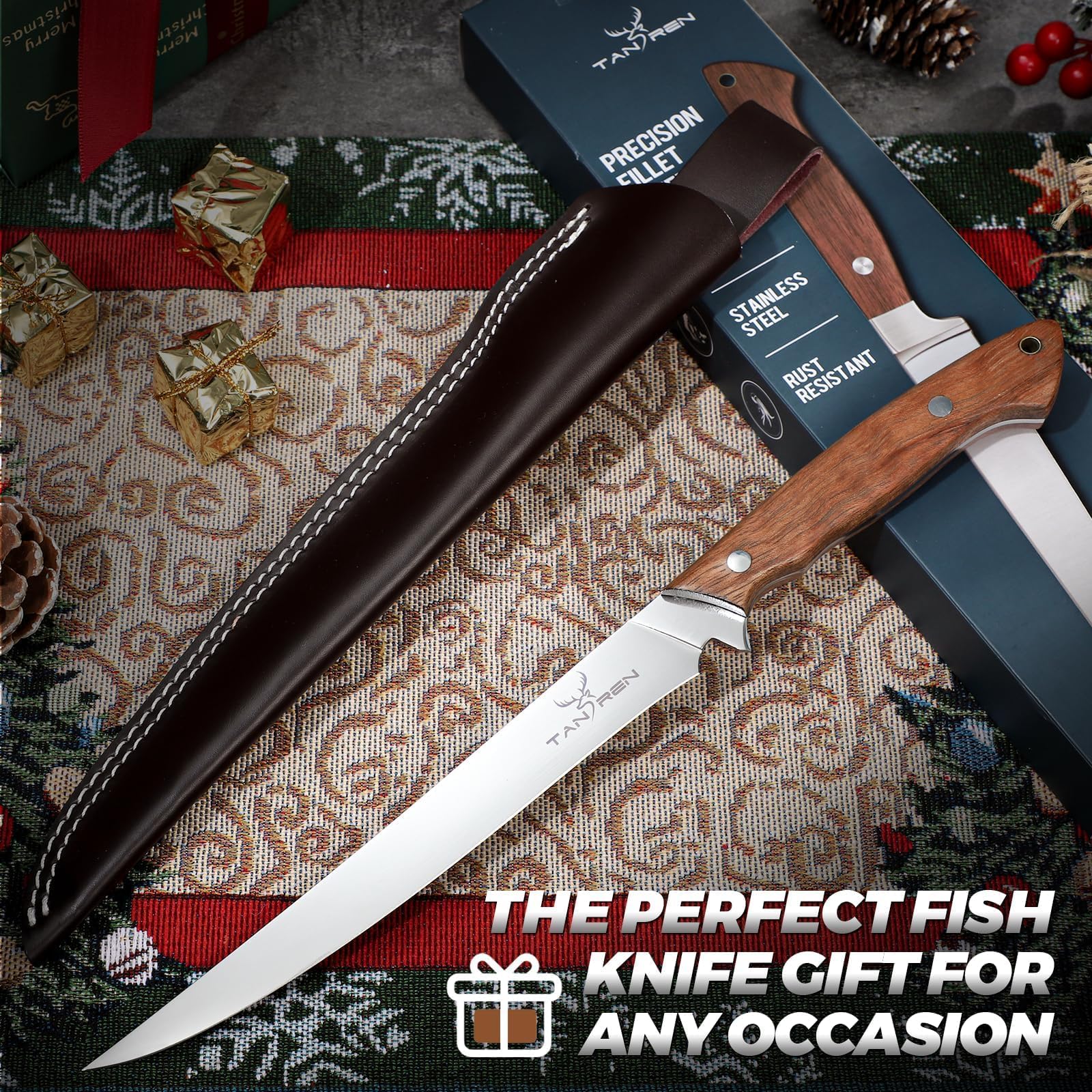 Tan Ren fillet knife in kitchen setting ready for sashimi, sushi, or seafood prep.