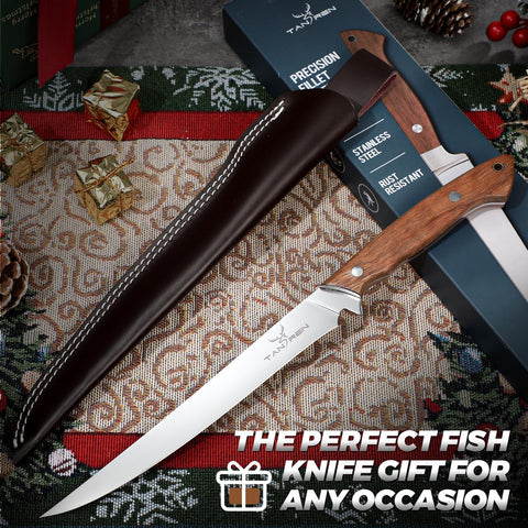 Tan Ren fillet knife in kitchen setting ready for sashimi, sushi, or seafood prep.