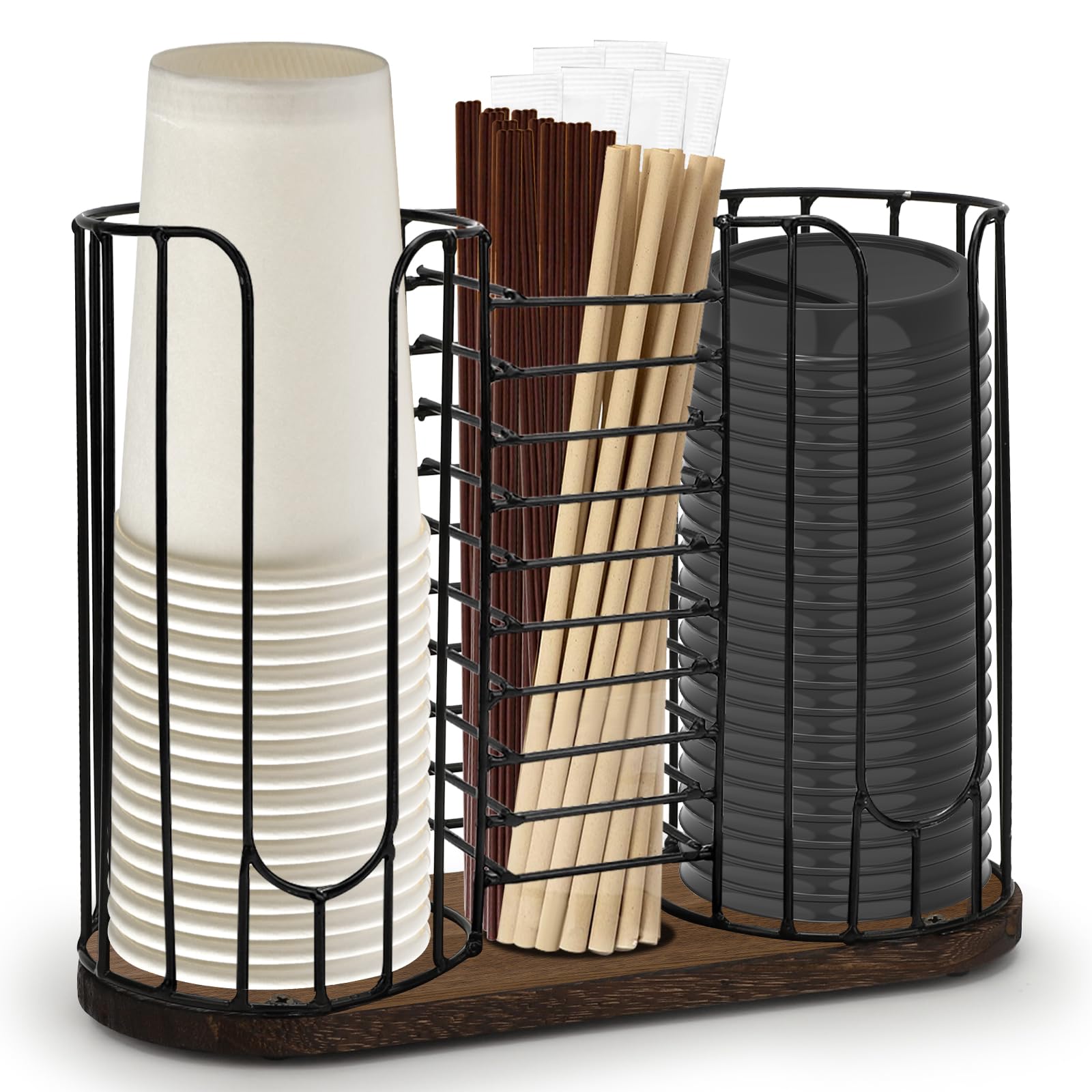 Tanggiteck 3-compartment dispenser with wood base keeps paper cups neatly organized and within reach.