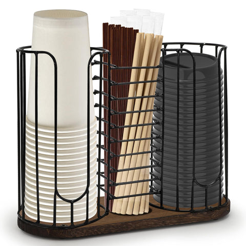 Tanggiteck 3-compartment dispenser with wood base keeps paper cups neatly organized and within reach.