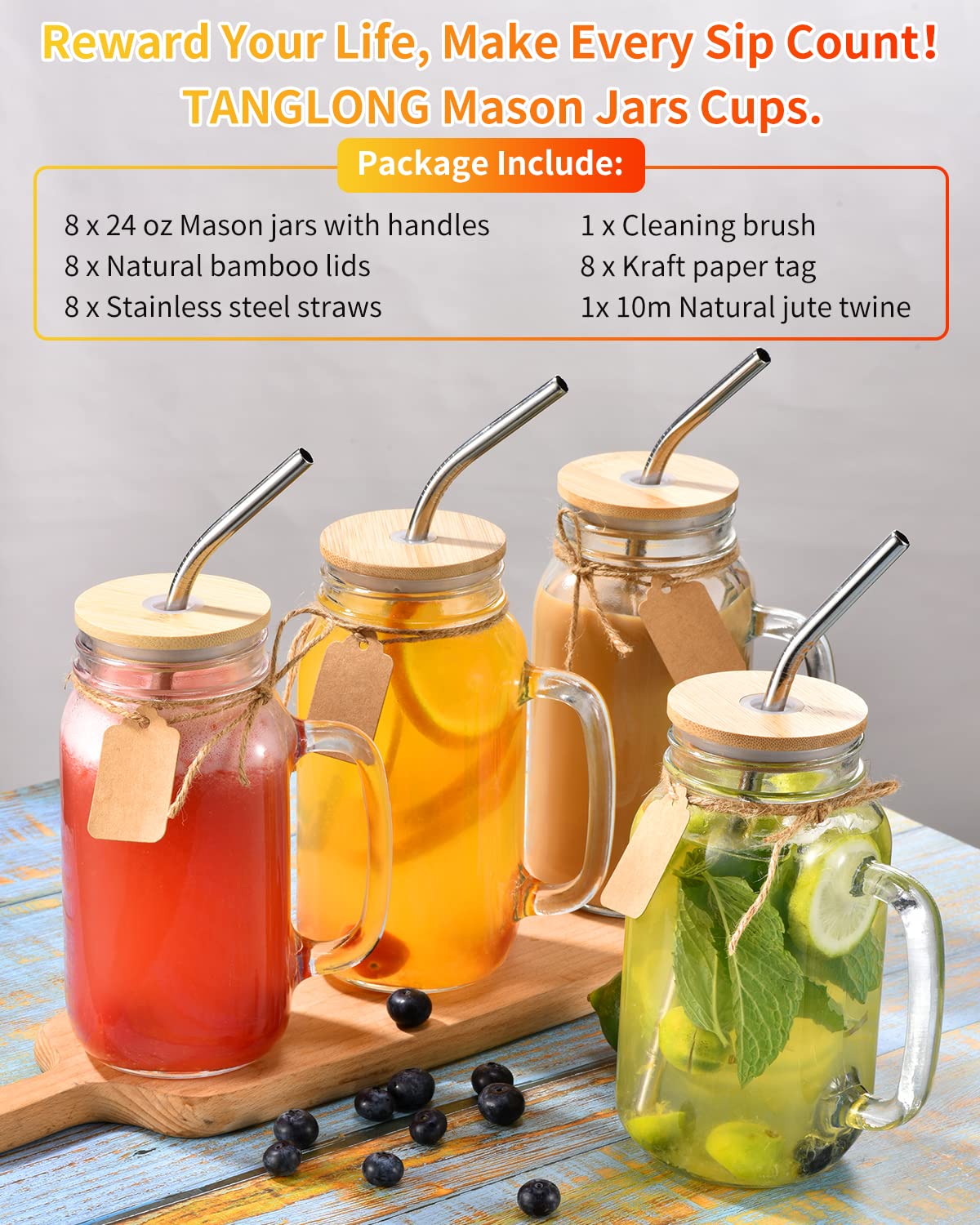 TANGLONG mason jar with handle, easy grip for on-the-go sipping.