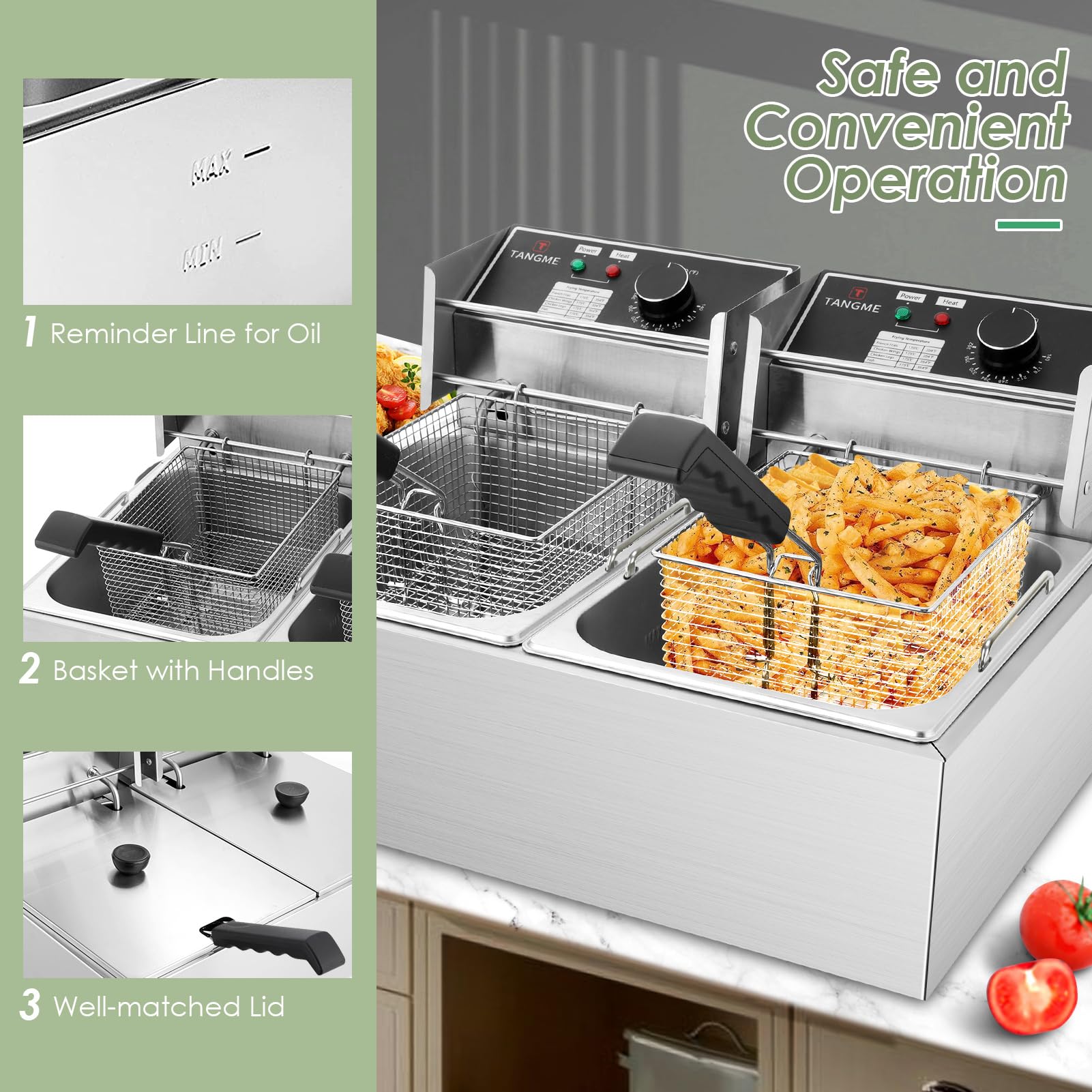 Tangme basket hooks and safety handle reduce spills during draining.