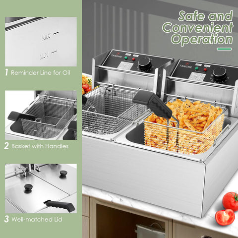 Tangme basket hooks and safety handle reduce spills during draining.