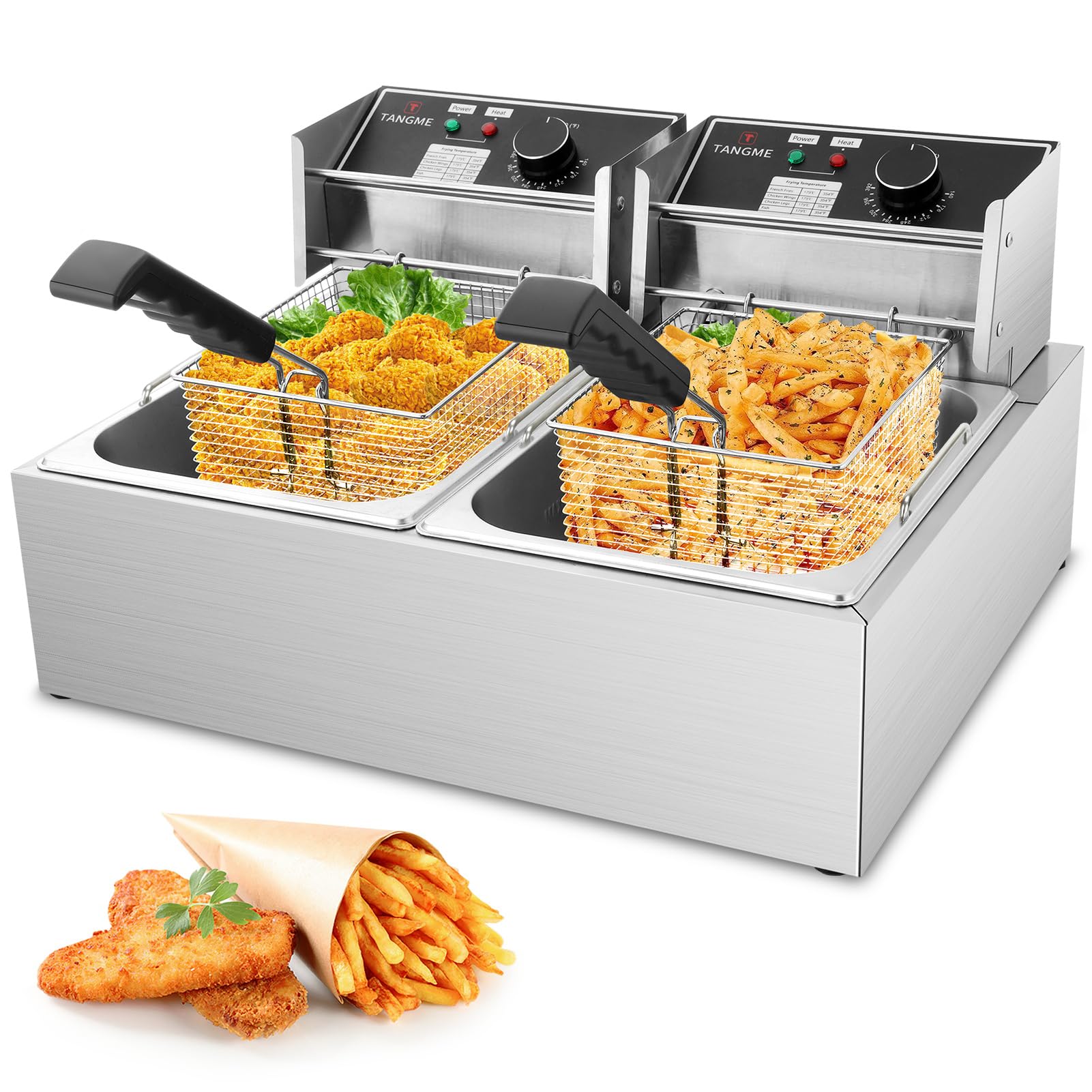 Tangme commercial deep fryer front view highlighting durable stainless steel construction for heavy use.