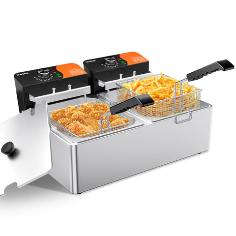 TangMe commercial deep fryer front view with dual baskets for multitasking frying