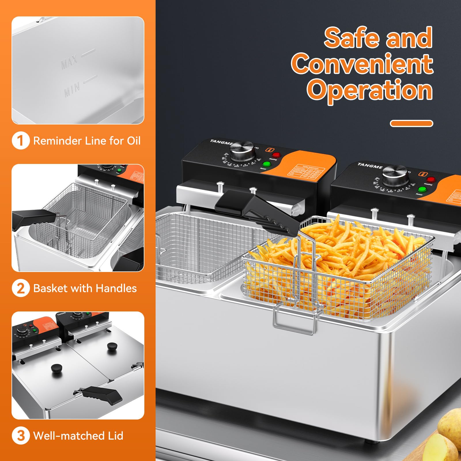 TangMe 20.7-quart tank with two baskets ready for two-stage frying