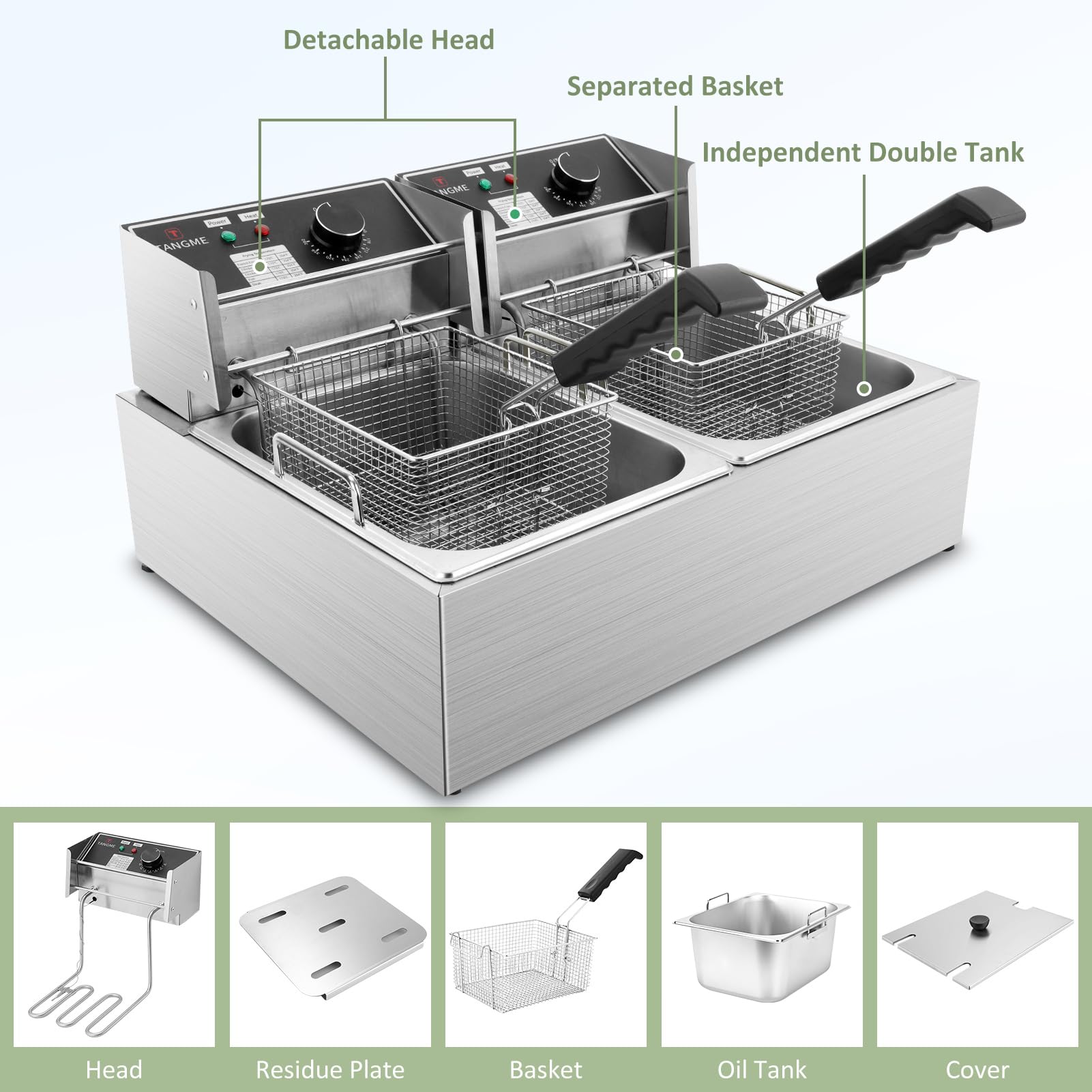 Tangme lid with oil splash guard helps keep the workspace clean during operation.