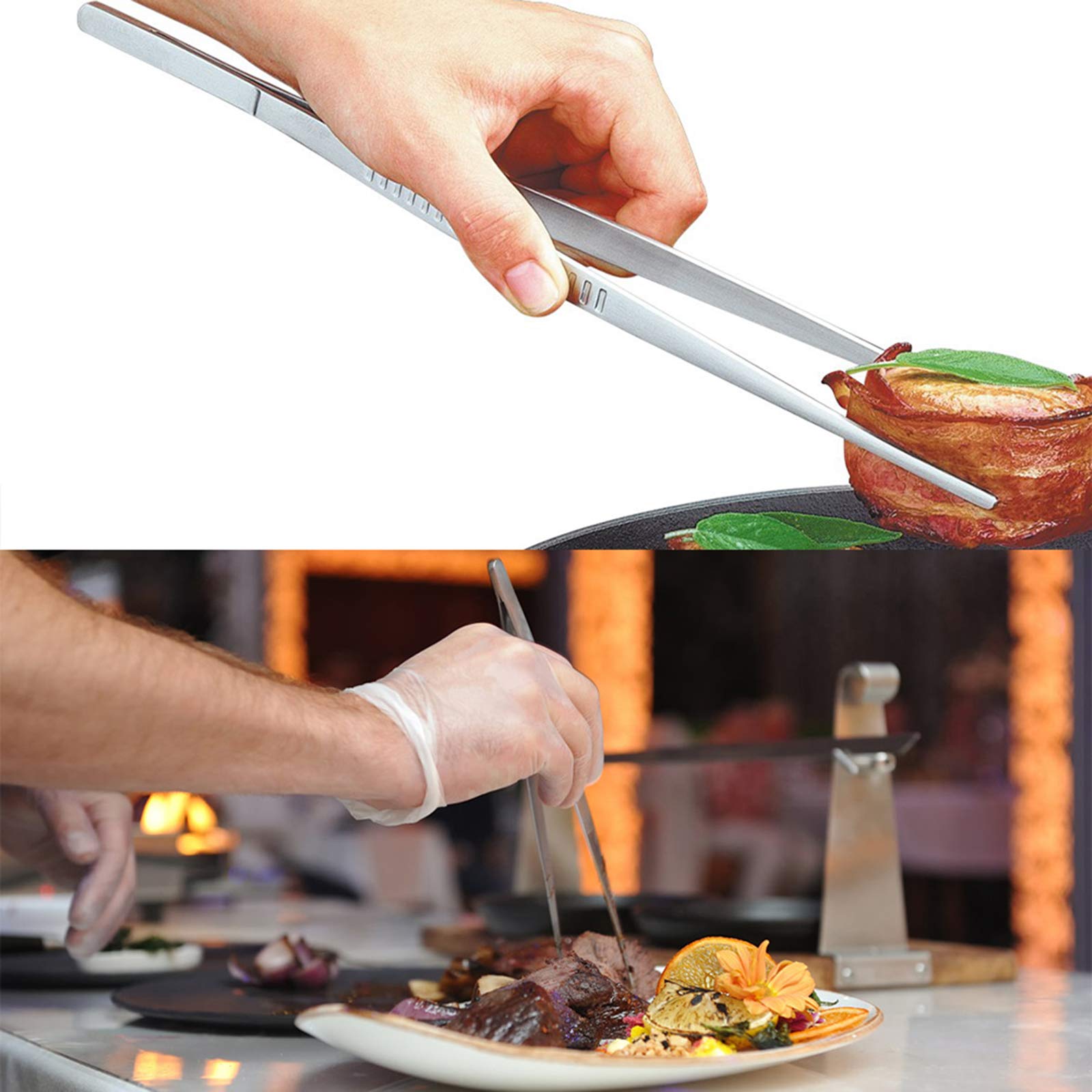 Tangoowal 12-inch tweezers sautéing small pieces in a pan